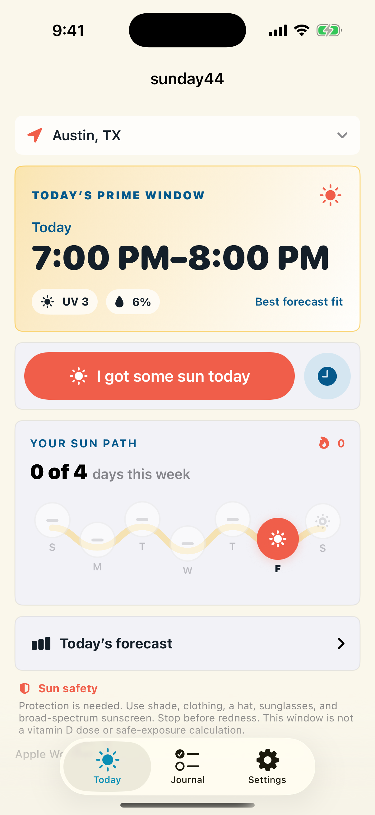 The sunday44 Today screen showing a prime window, one-tap sun log, and weekly Sun Path.